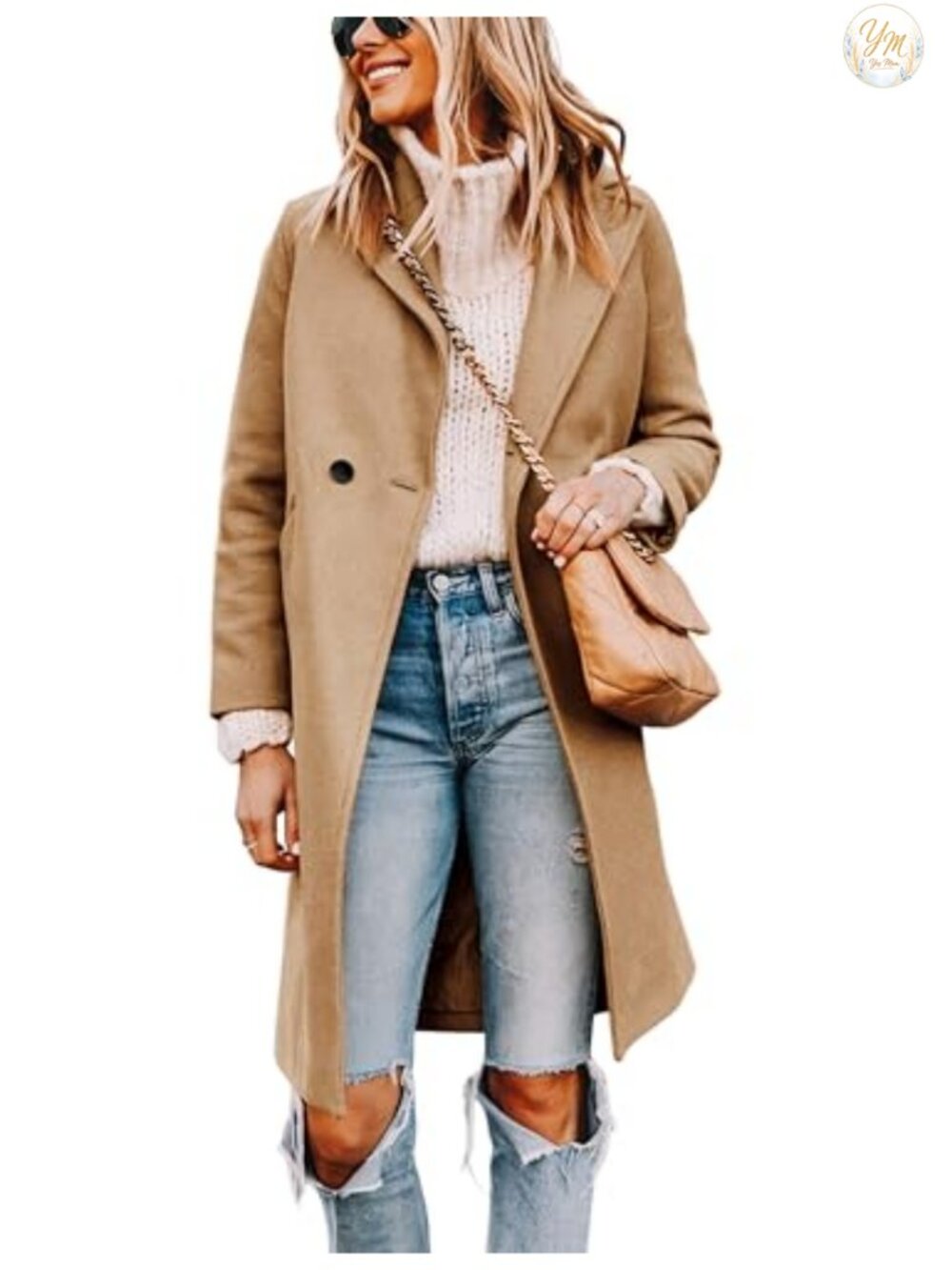 Wool Blend Pea Coat Long Trench Jacket Notched Lapel with Pockets